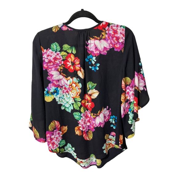 Spense Black Floral Flowing Smocked Top with Split Bell Sleeves Womens Medium - Picture 2 of 6